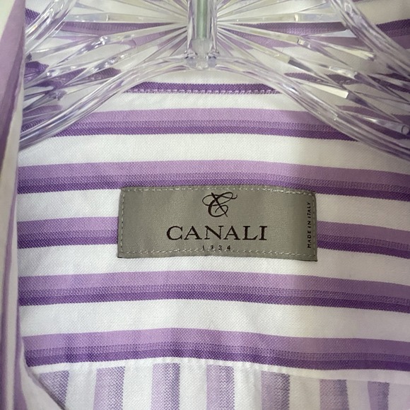 Canali  Dress Shirt Mens 39/15.5 Purple Stripe Button Up Long Sleeve Made Italy - Picture 9 of 9